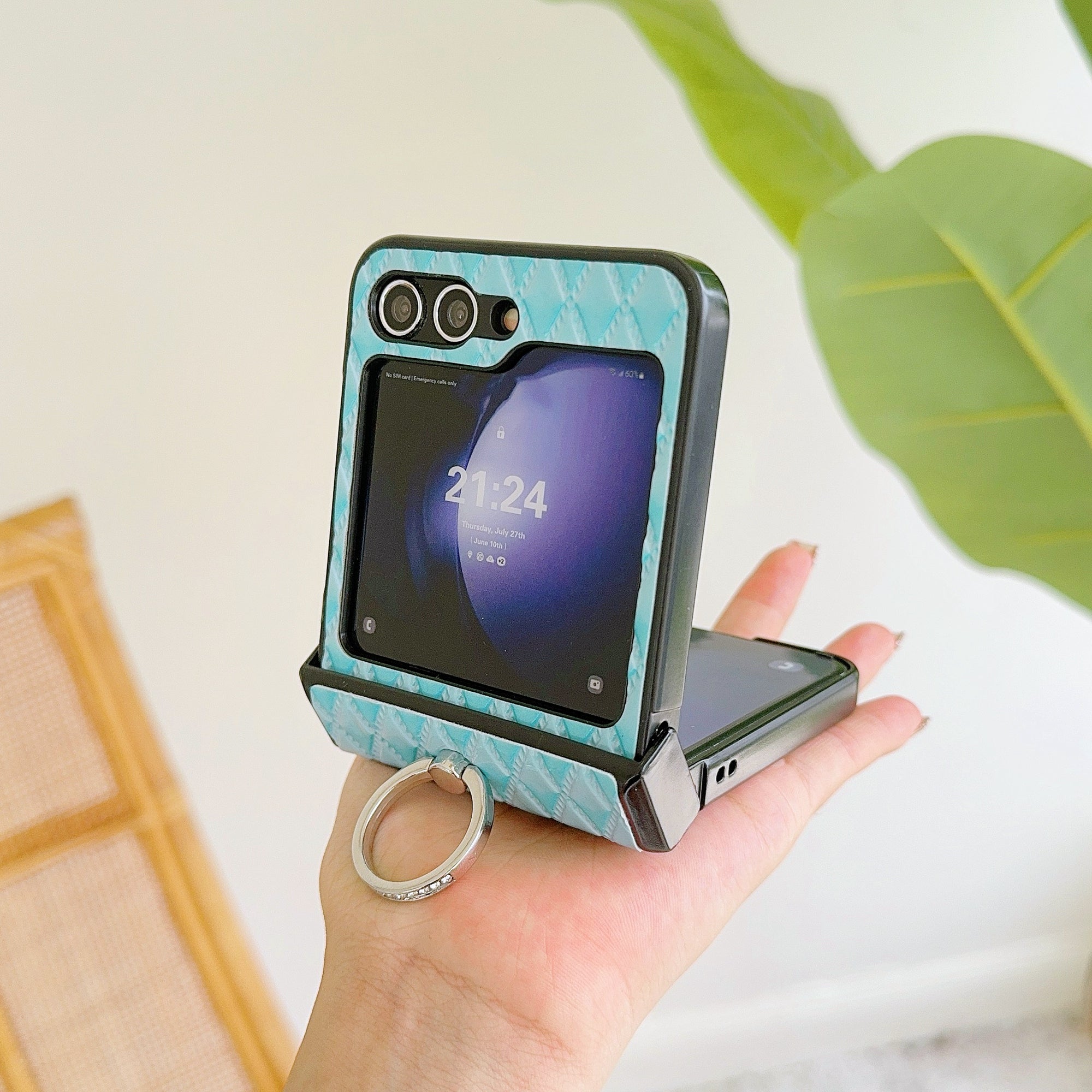 For Samsung Galaxy Z Flip6 5G Rhombus Imprinted PU Leather Coated PC Phone Cover with Ring Kickstand - Baby Blue For Samsung Galaxy Z Flip6 5G Rhombus Imprinted PU Leather Coated PC Phone Cover with Ring Kickstand - Baby Blue